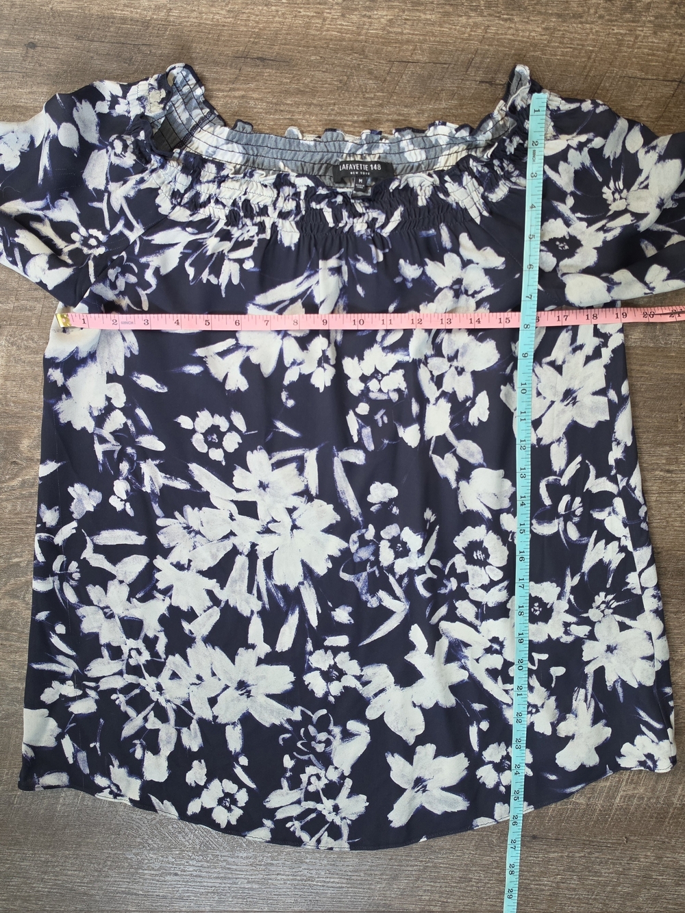 Lafayette 148 New York Raelyn Off-Shoulder Blouse Womens M Navy White Floral Flo - Picture 10 of 13